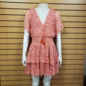 Zara Short Sleeve Orange Floral Print Tasseled Ruffle Dress Size Small V-neck